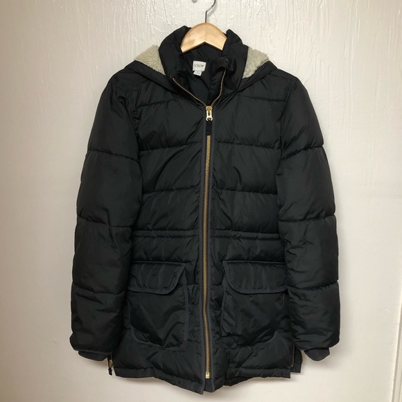 J. Crew Jackets & Blazers - J. Crew Vail Long Puffer Coat Hooded Sherpa Lined Black Size Large